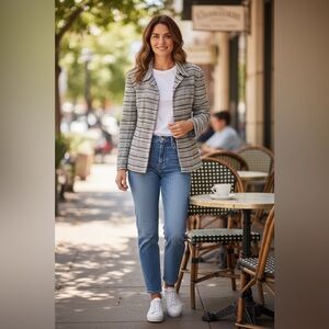 AKRIS PUNTO Size 4 Grey White Cotton Wool Stripe Open Front Jacket Oversized Fit